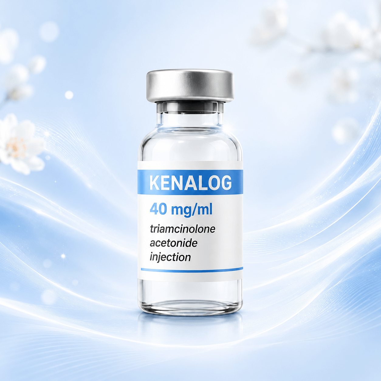 Kenalog injection vial on a soft medical background