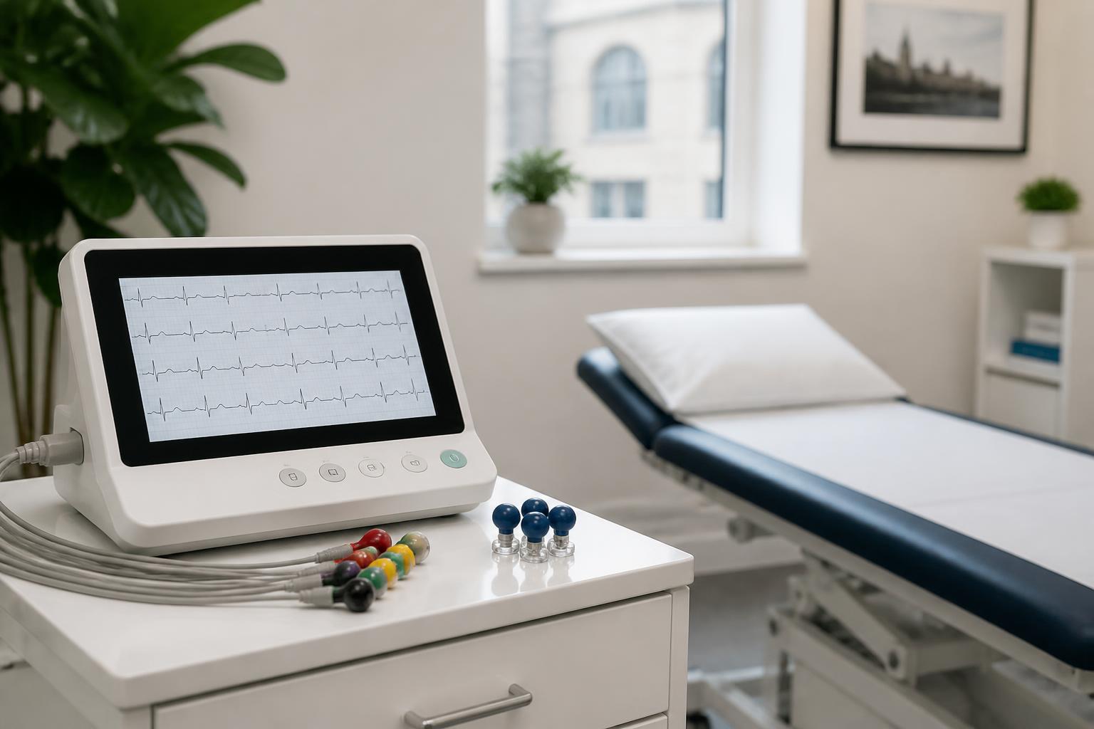 Clinician preparing electrodes for a resting 12-lead ECG in a clinic
